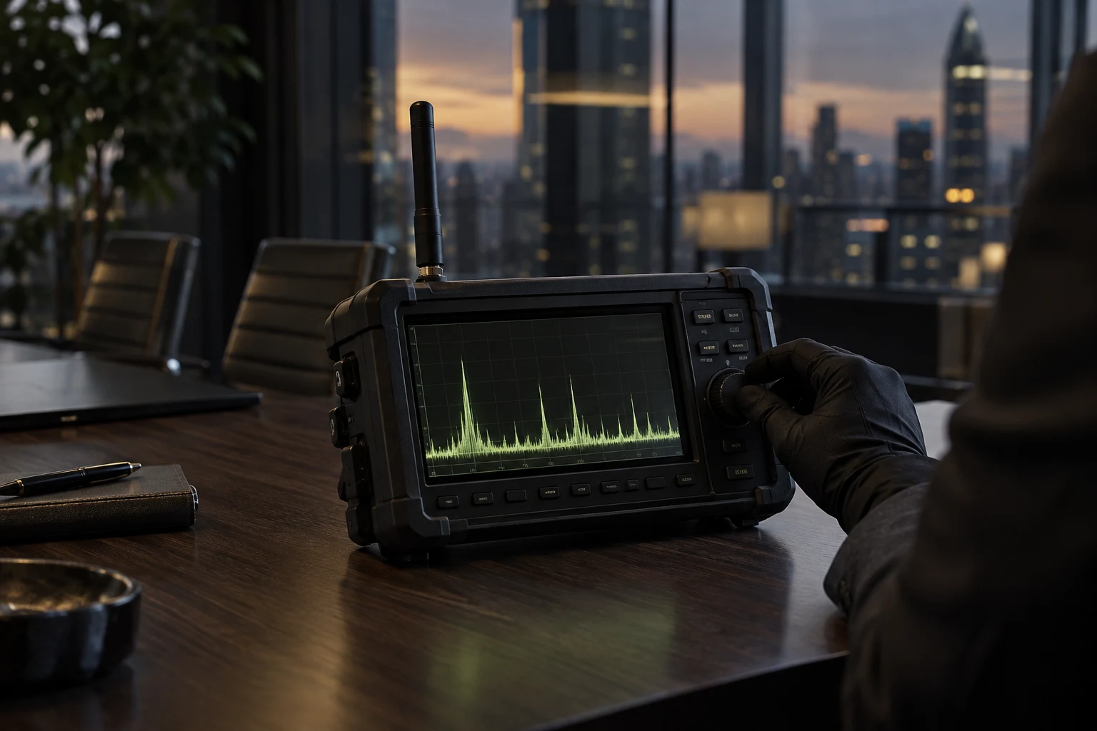 Electronic spectrum analysis equipment in an illustrative office security inspection